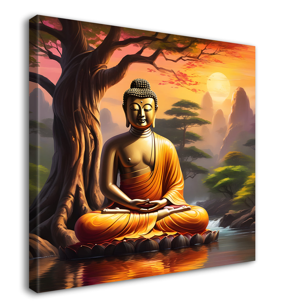 Lord Buddha Sitting under tree sunrise painting 24x24 inch Buddha-S-111