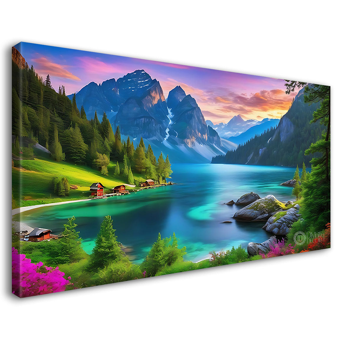 Mountains with river and greenery in pink sky textured painting Canvas Painting - Nature Art -111