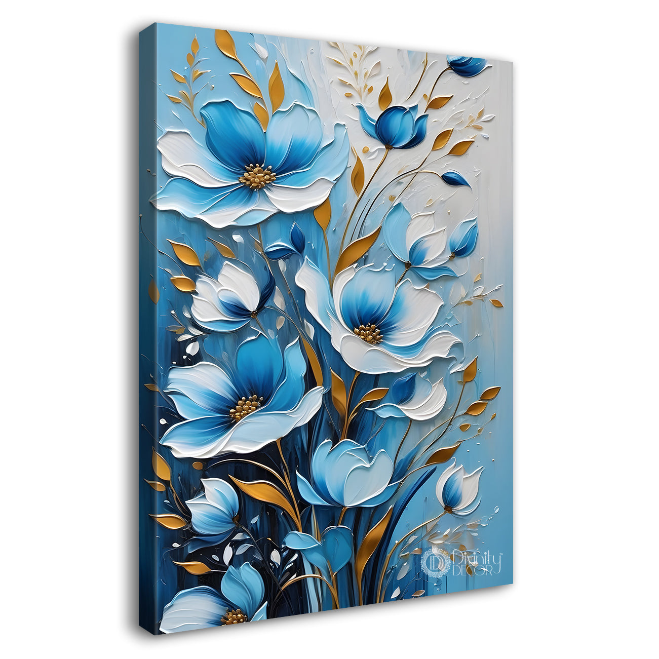 Blue flowers in blue textured background painting- Flower-V-111