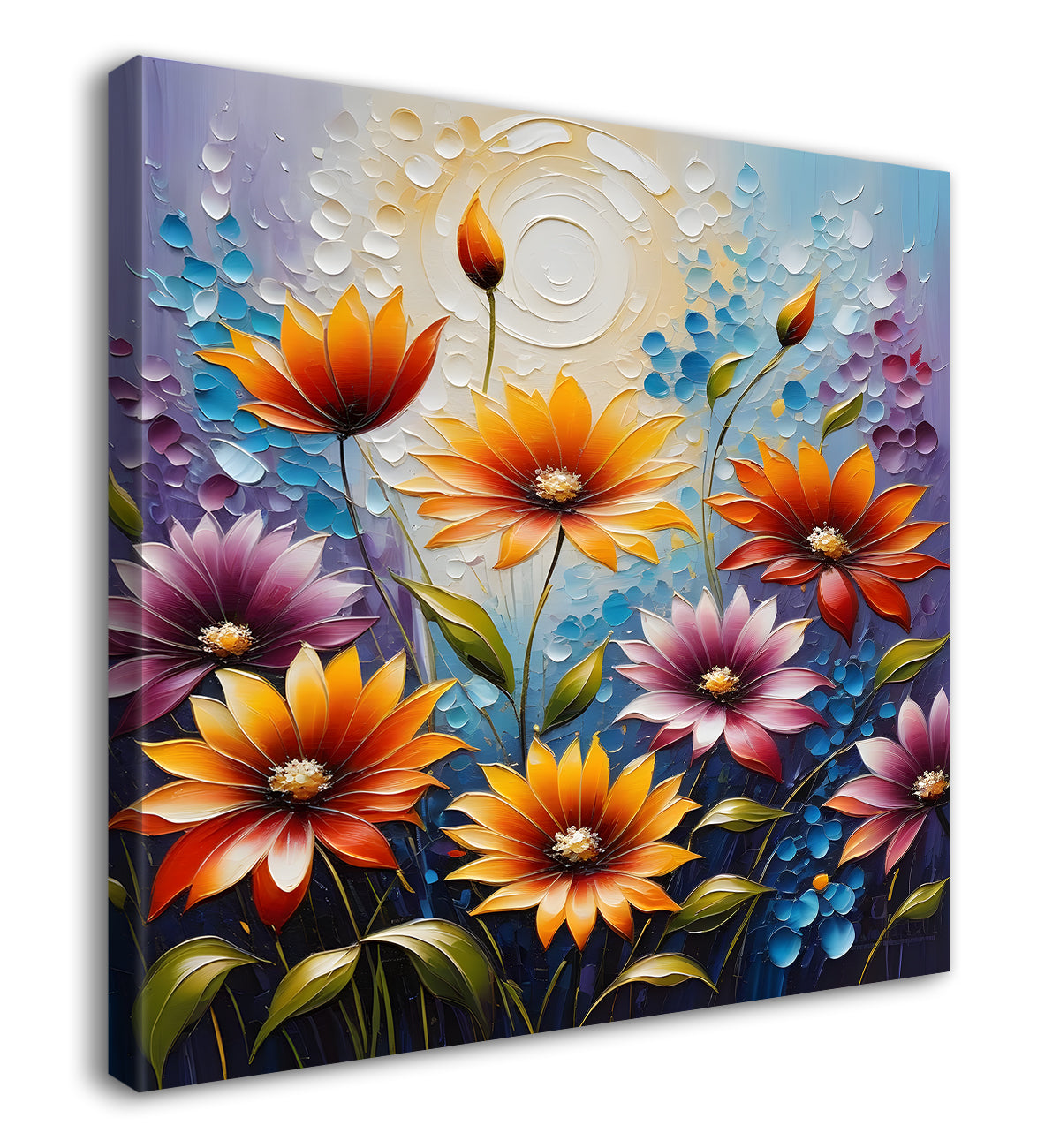 Colourful flowers in blue textured painting - Flower-S-111