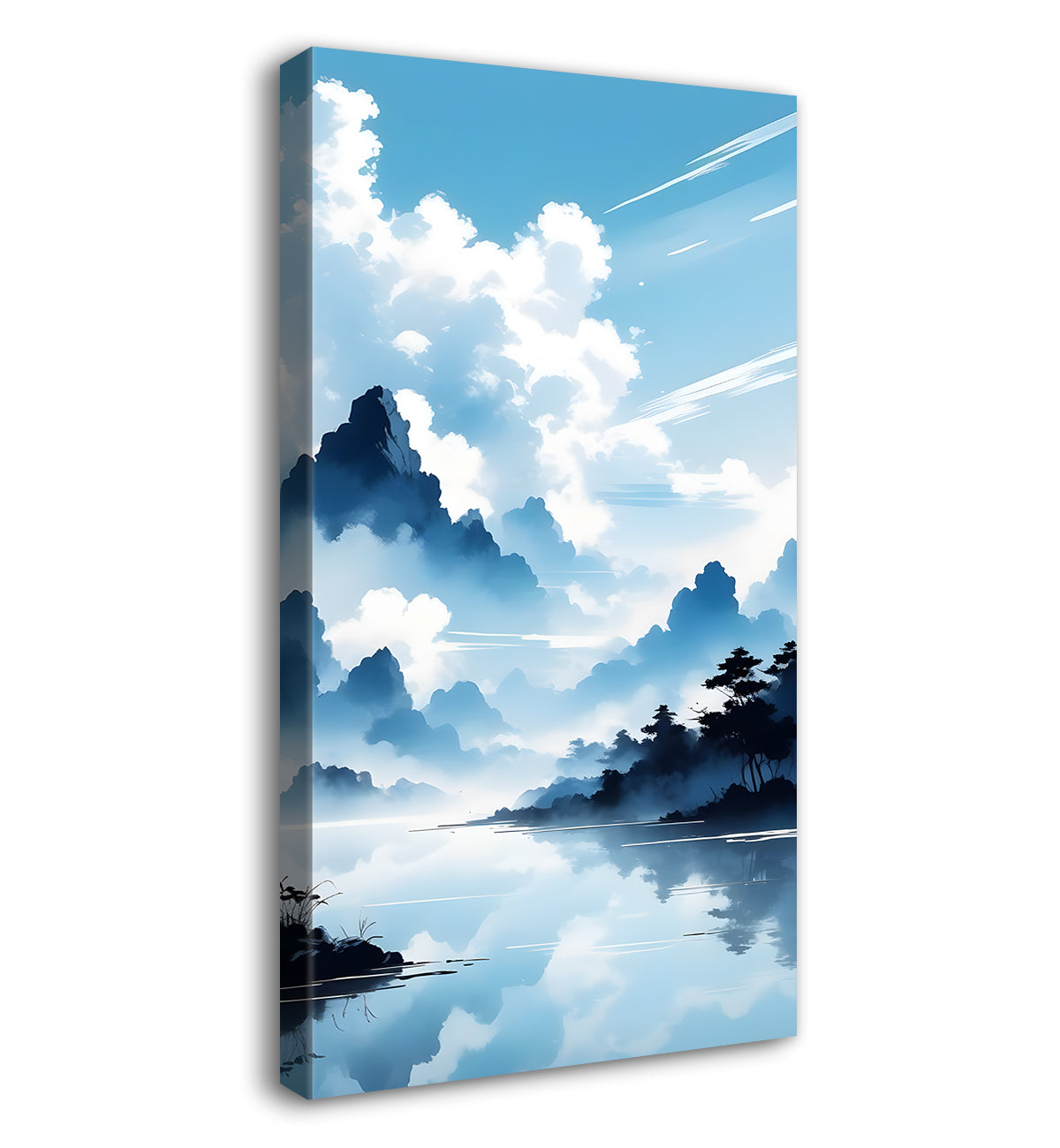 Mountains with river in cloudy sky in textured water colour painting Canvas Painting - Nature Art -V-111