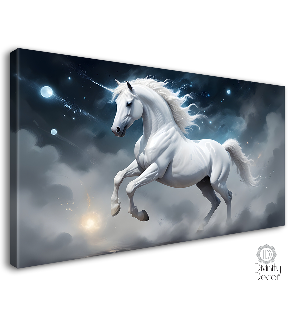 White running horse in cloudy and grey textured background art Canvas Painting - Design - Horse-112