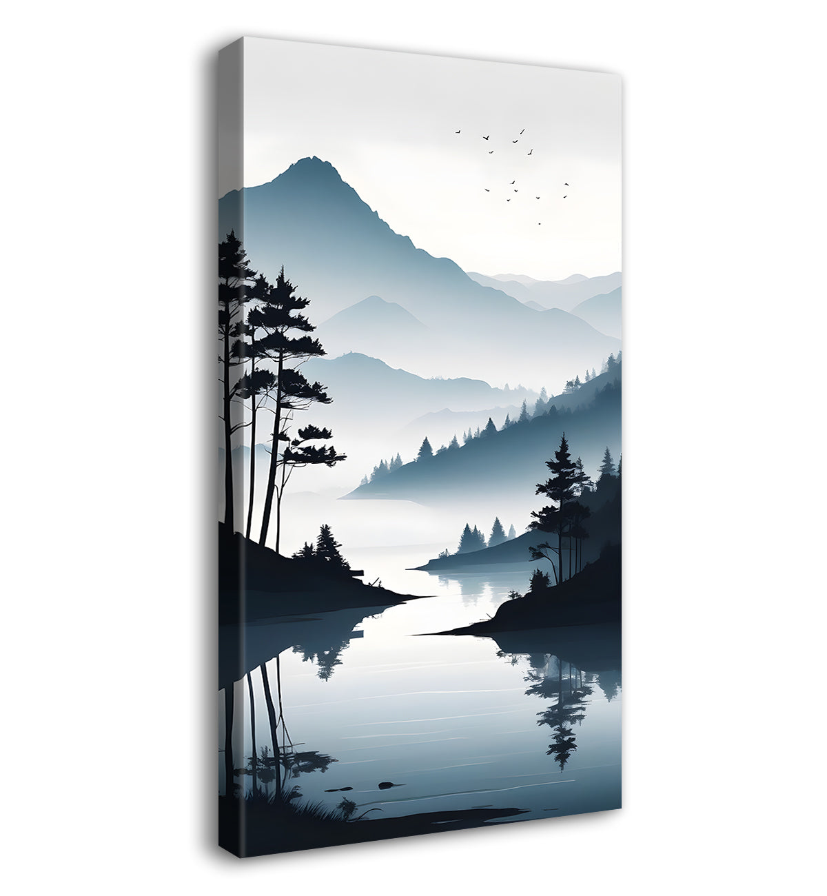 Mountains with river and trees in grey textured water colour painting Canvas Painting - Nature Art -V-112