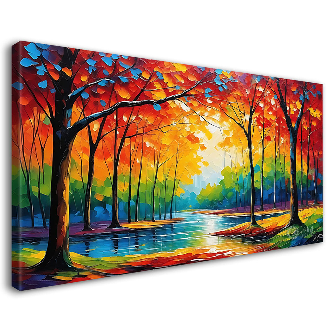 Orange trees with lake in textured natural painting Canvas Painting - Nature Art -112