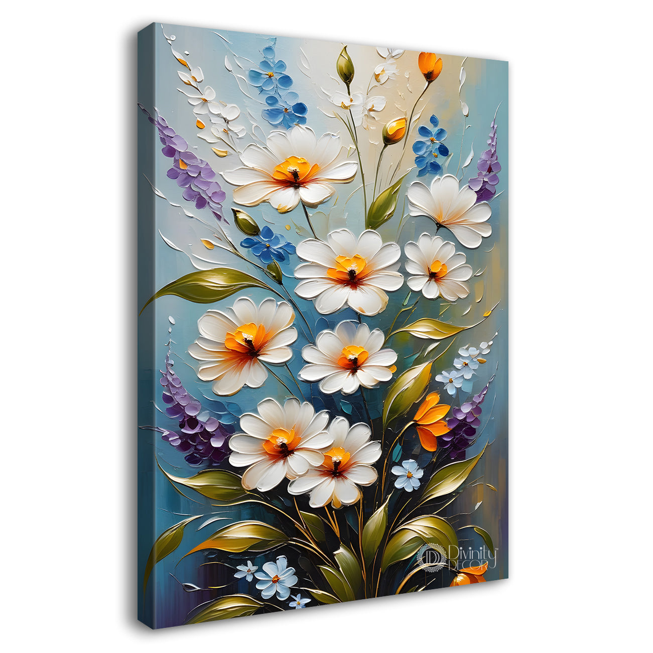 White flowers in sky blue textured background painting- Flower-V-112