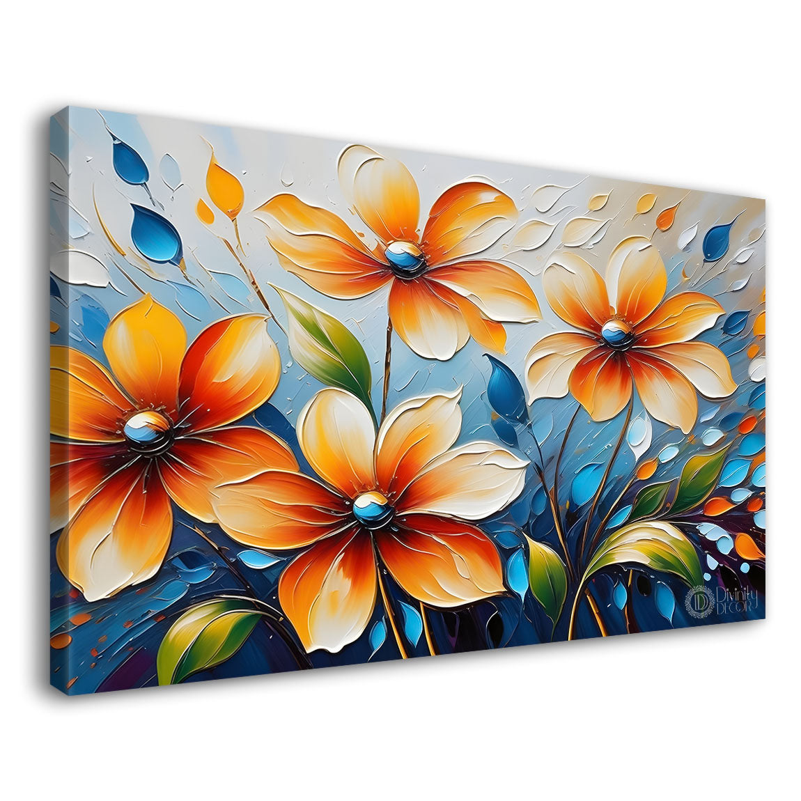 Orange flowers with blue textured background painting- Design - Flower-112
