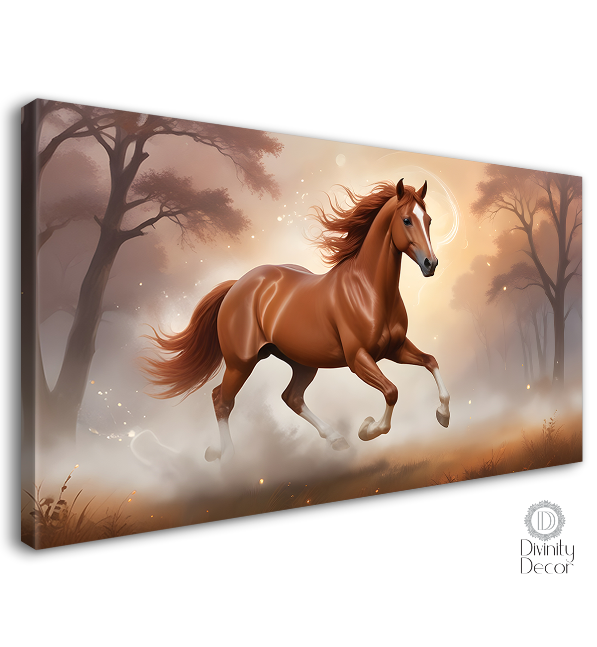 Brown running horse with trees in white textured background art Canvas Painting - Design - Horse-113