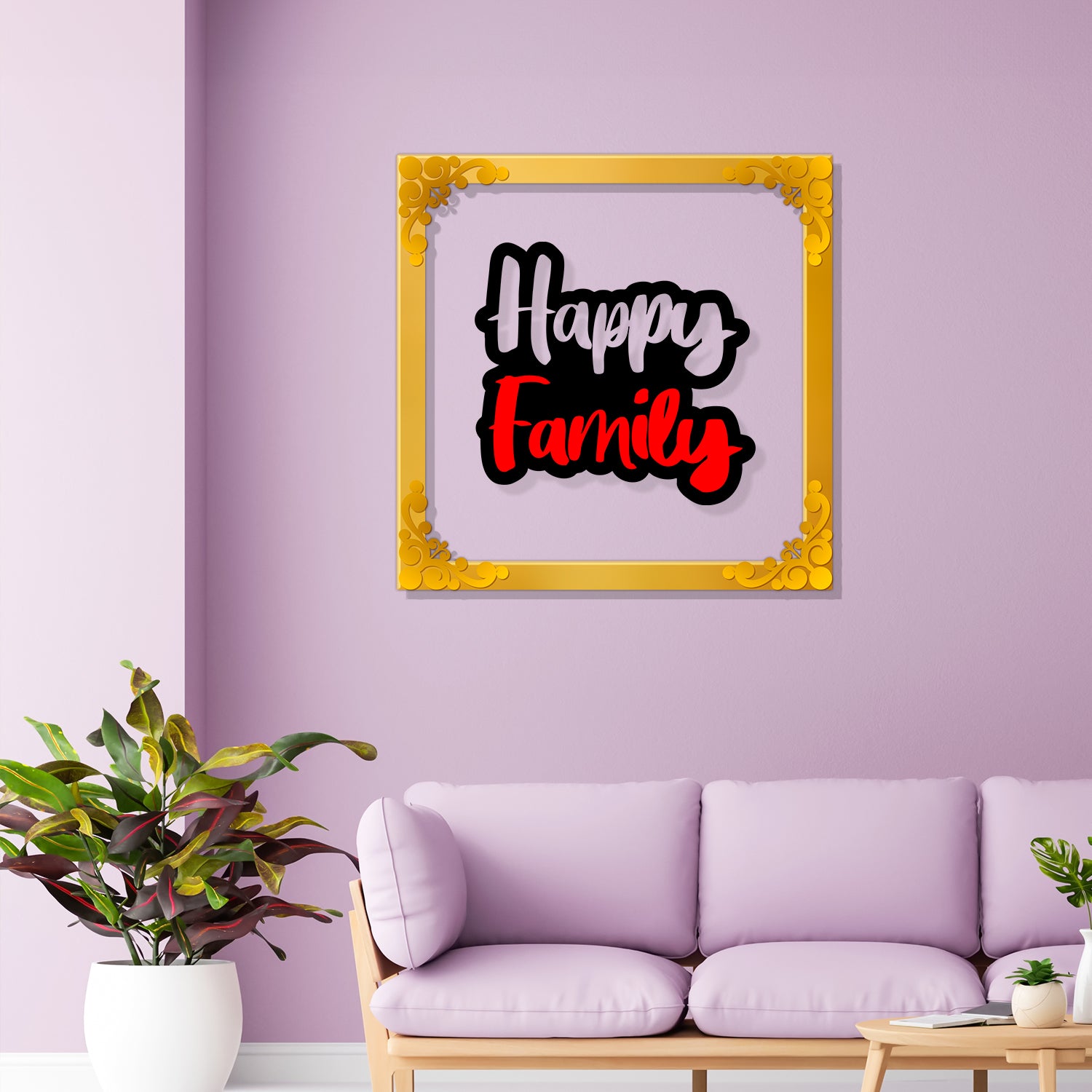Happy family Golden Plaque for Gifting, Wall Decor Clear UV print with Golden Border-113