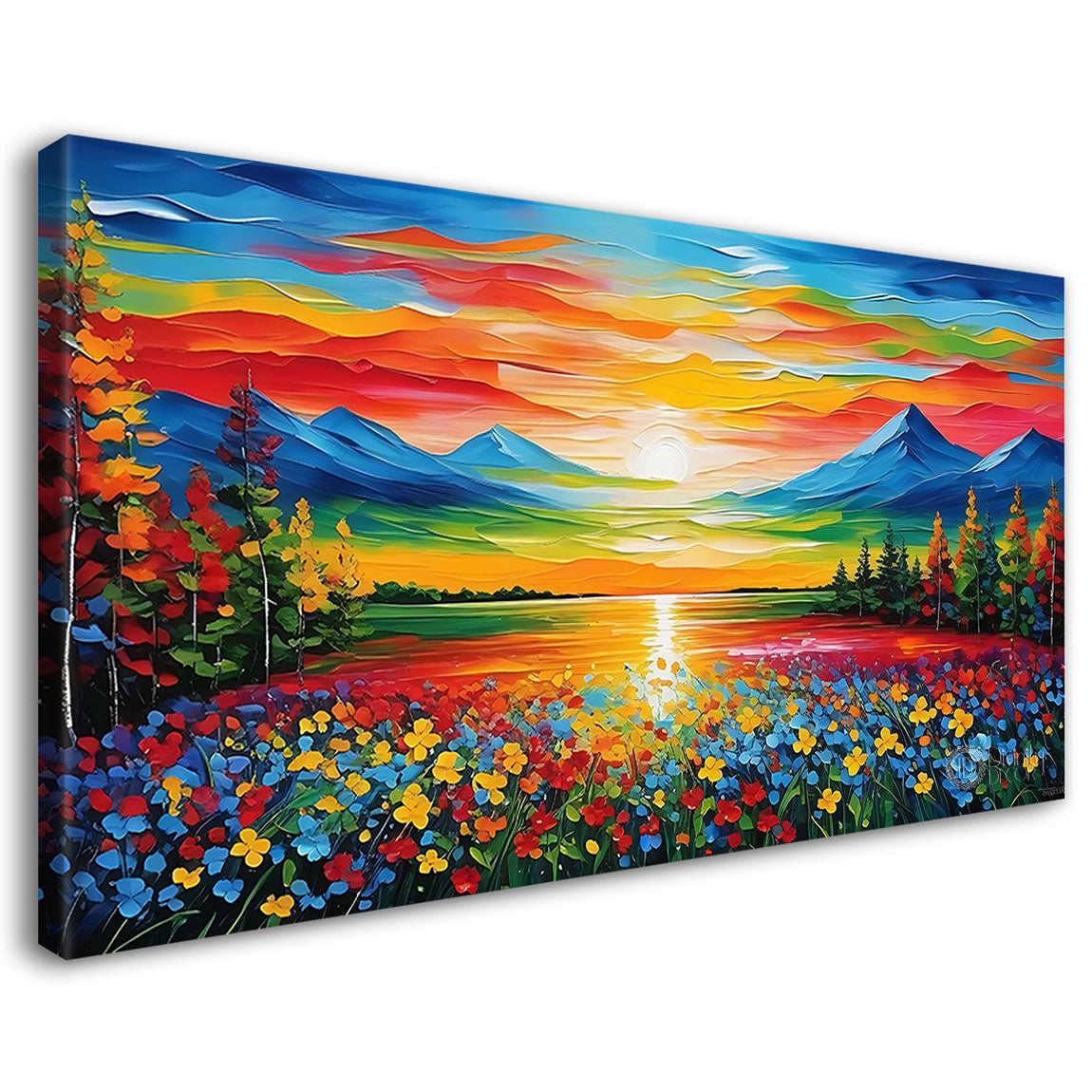 Mountains with flowers and sunset view with pink sky in textured painting Canvas Painting - Nature Art -113