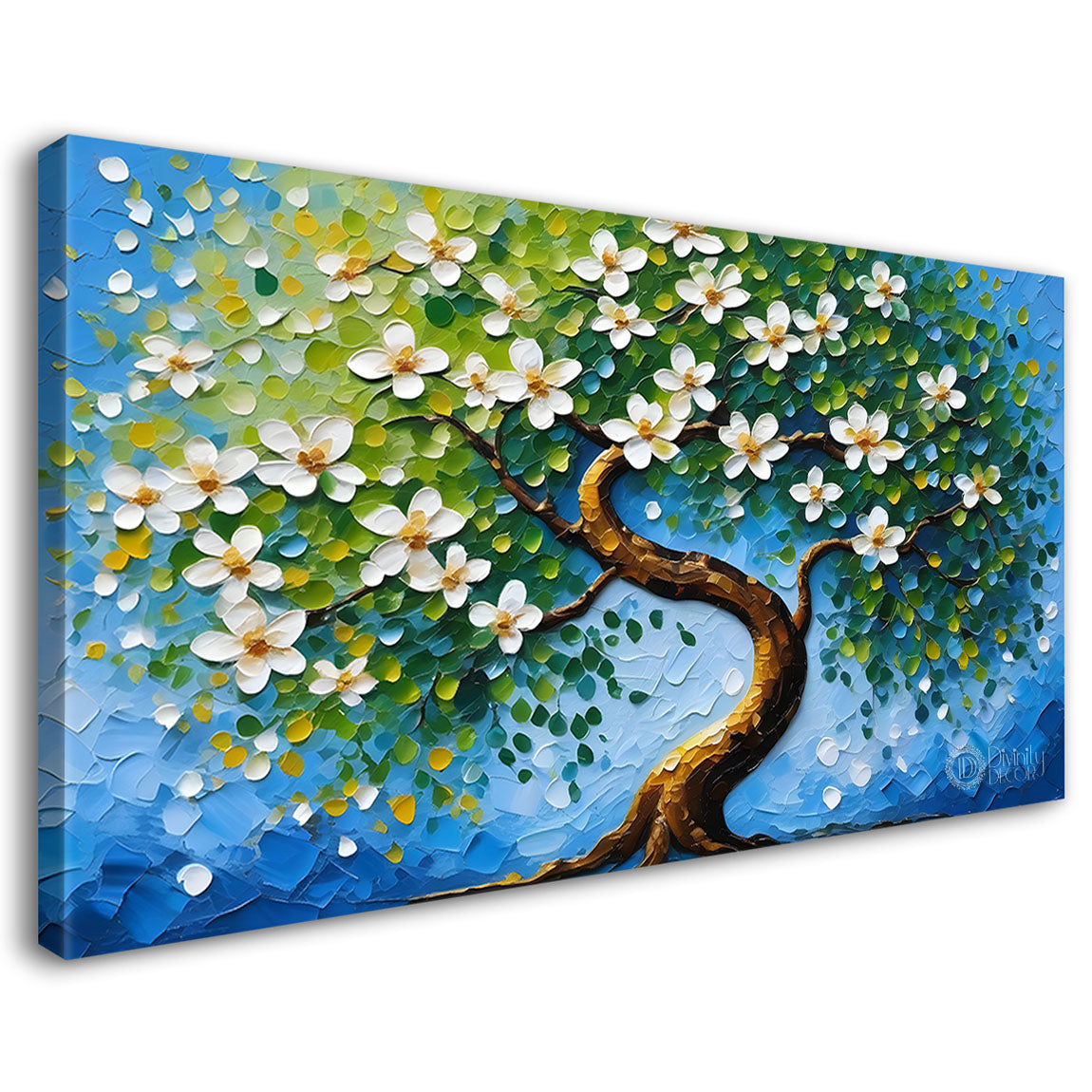 White flower tree in textured background oil painting- Design - Tree-113