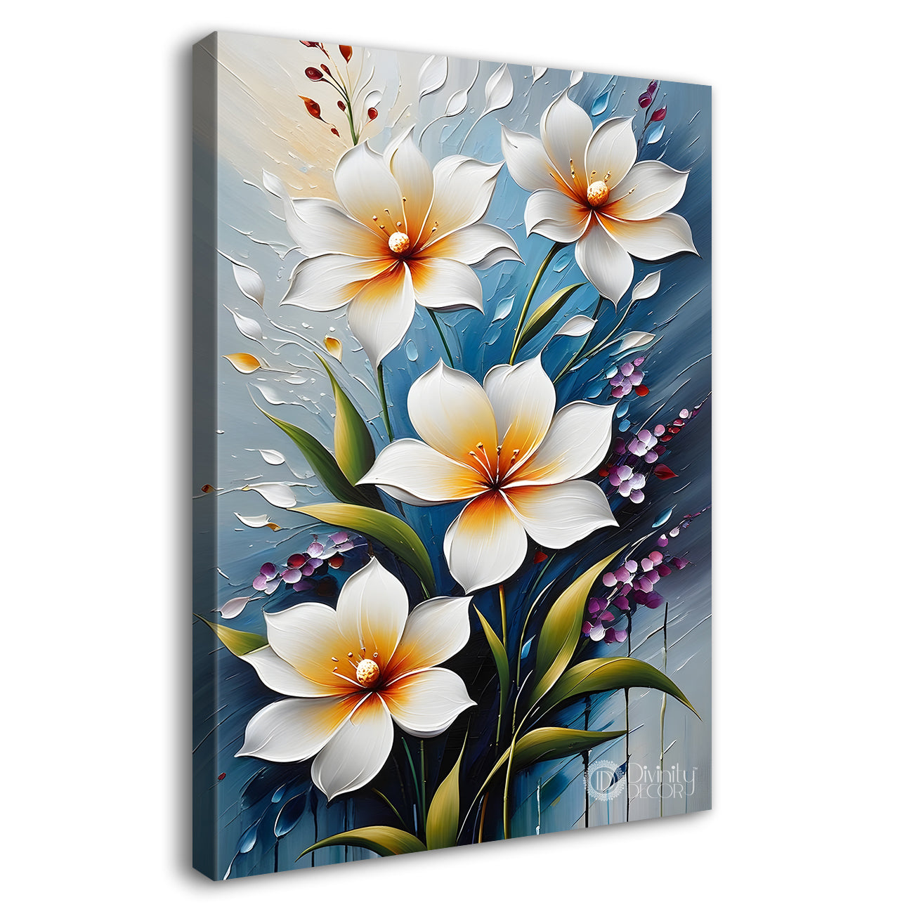 White flowers in sky blue textured background painting- Flower-V-113