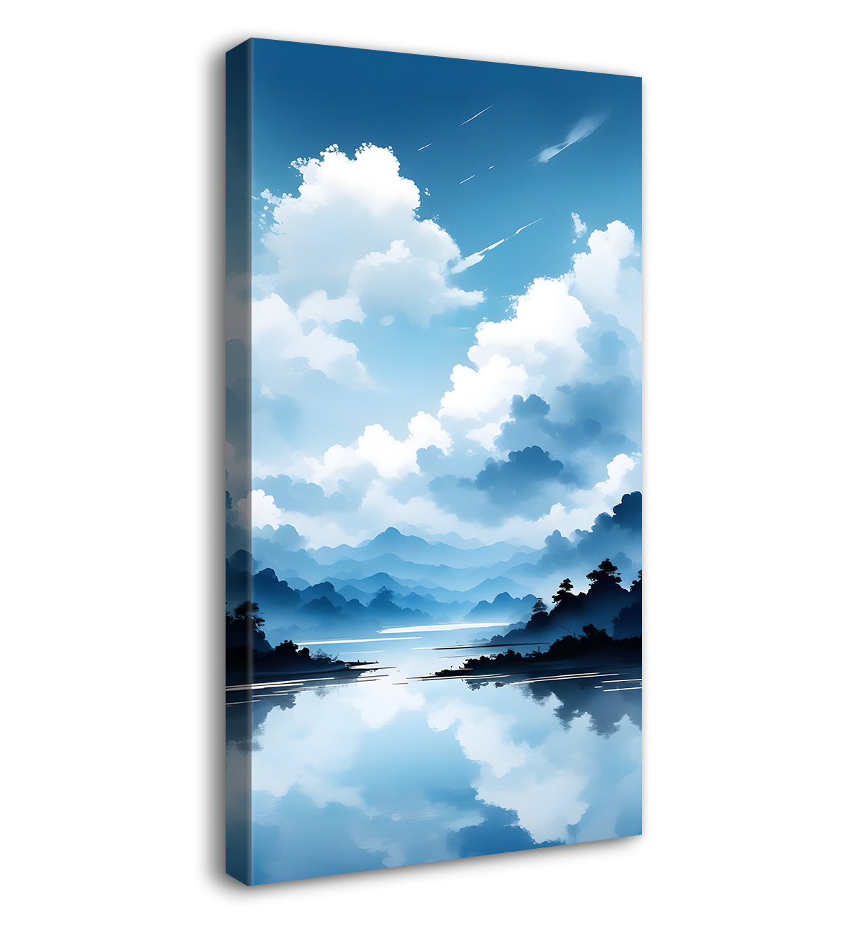 Mountains with river in cloudy sky in textured water colour painting Canvas Painting - Nature Art -V-113