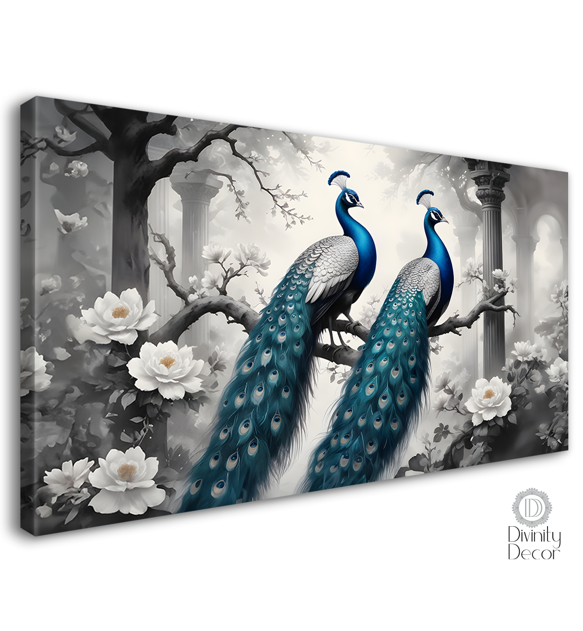 Two peacocks on the branch with white flowers in a fog background textured art - Design - Animal -113