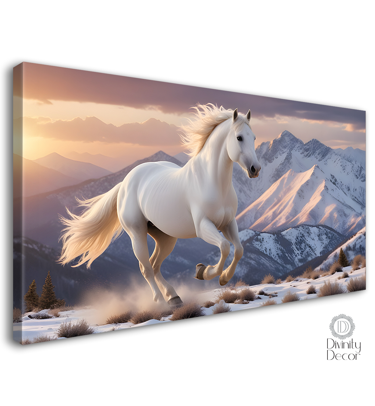 White running horse with white mountains in white textured background art Canvas Painting - Design - Horse-114