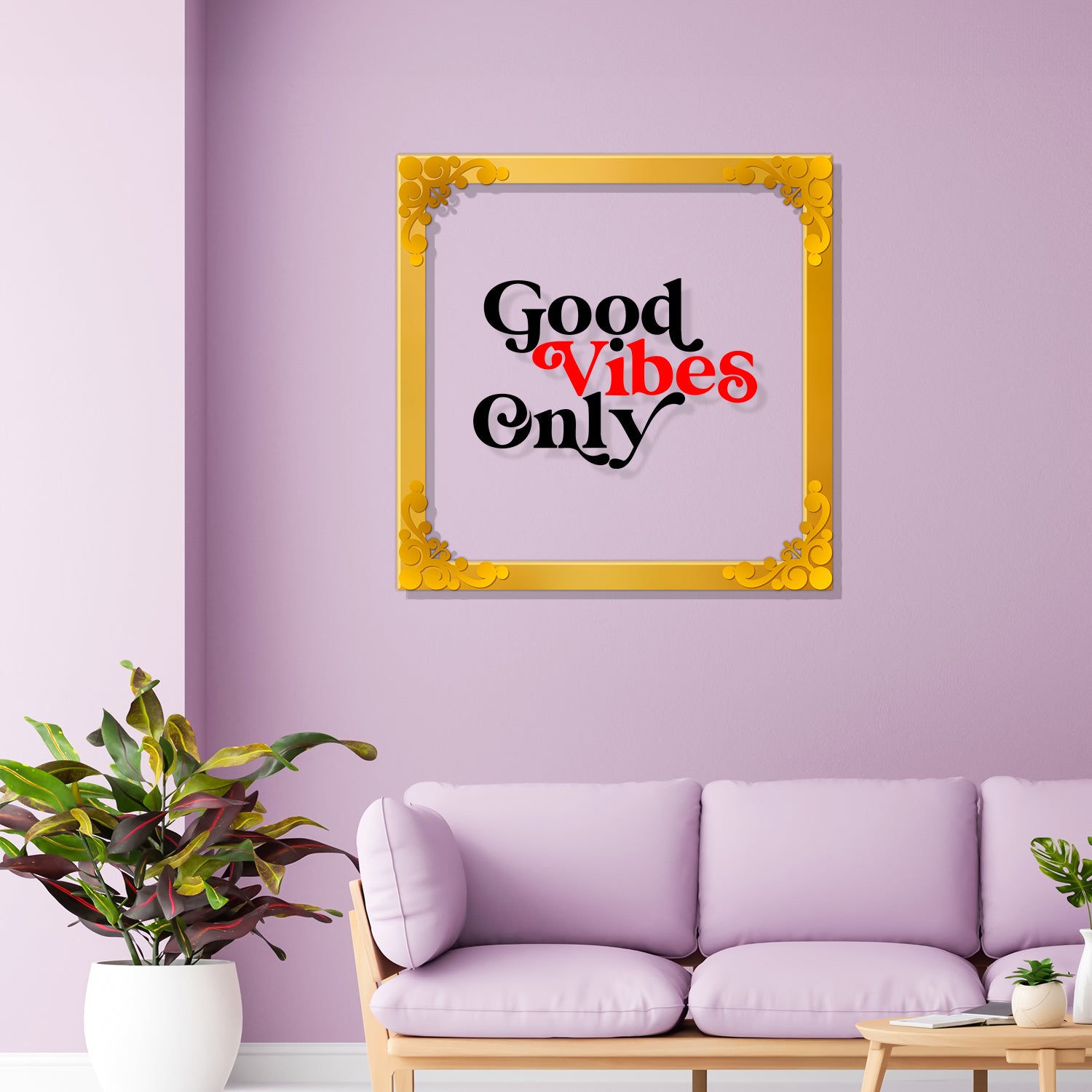 Good vibes only Golden Plaque for Gifting, Wall Decor Clear UV print with Golden Border-114