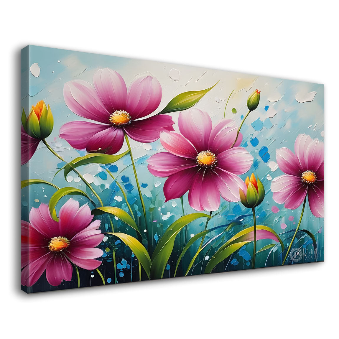 Purple flowers with blue textured background painting- Design - Flower-114