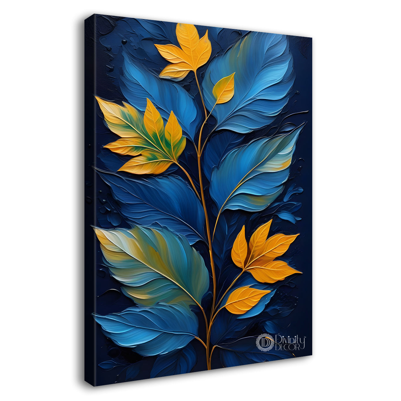 Yellow leaves in navy blue textured background painting- Flower-V-114