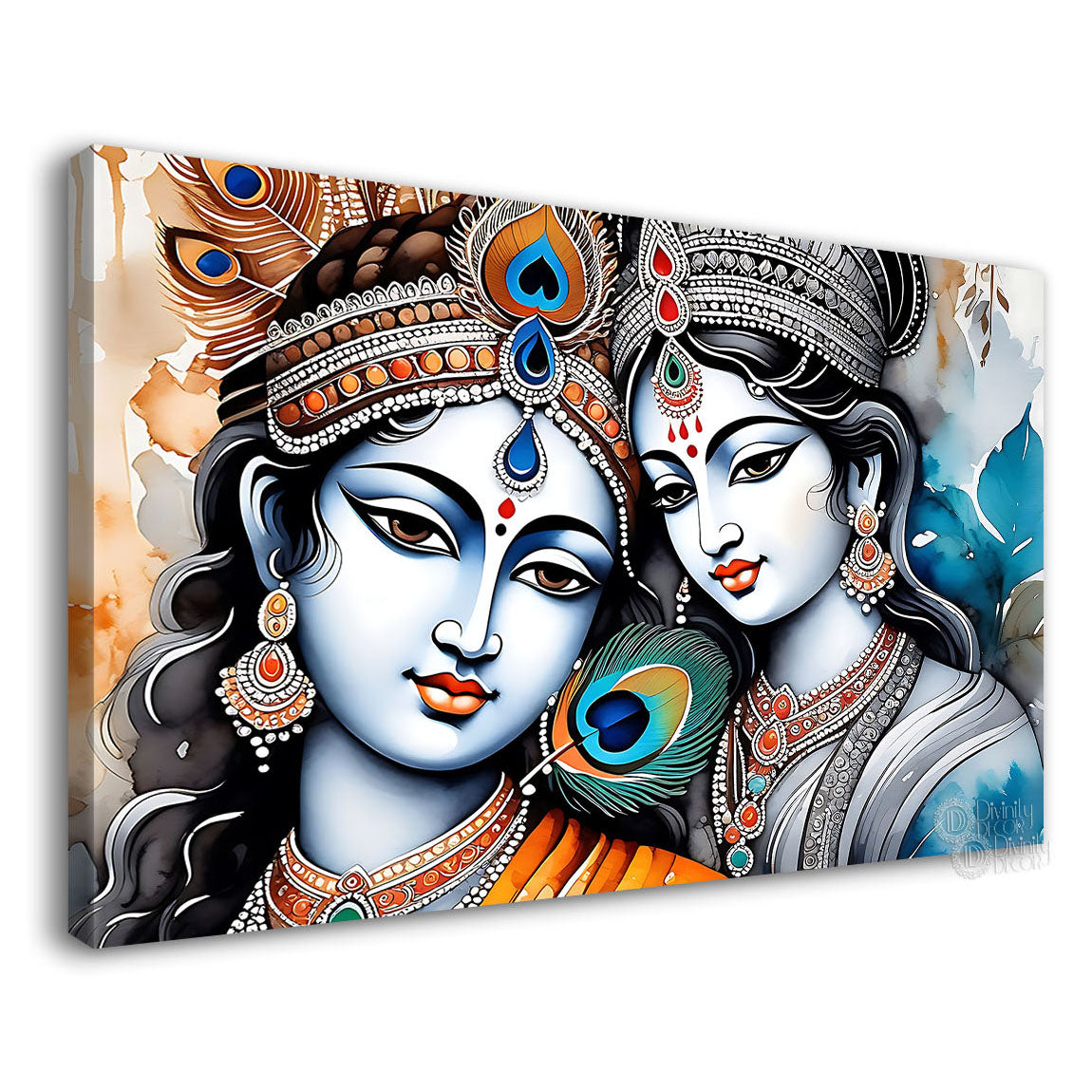 Blue face of Krishna and Radha with peacock feathers painting Canvas Painting - Design - Krishna-115