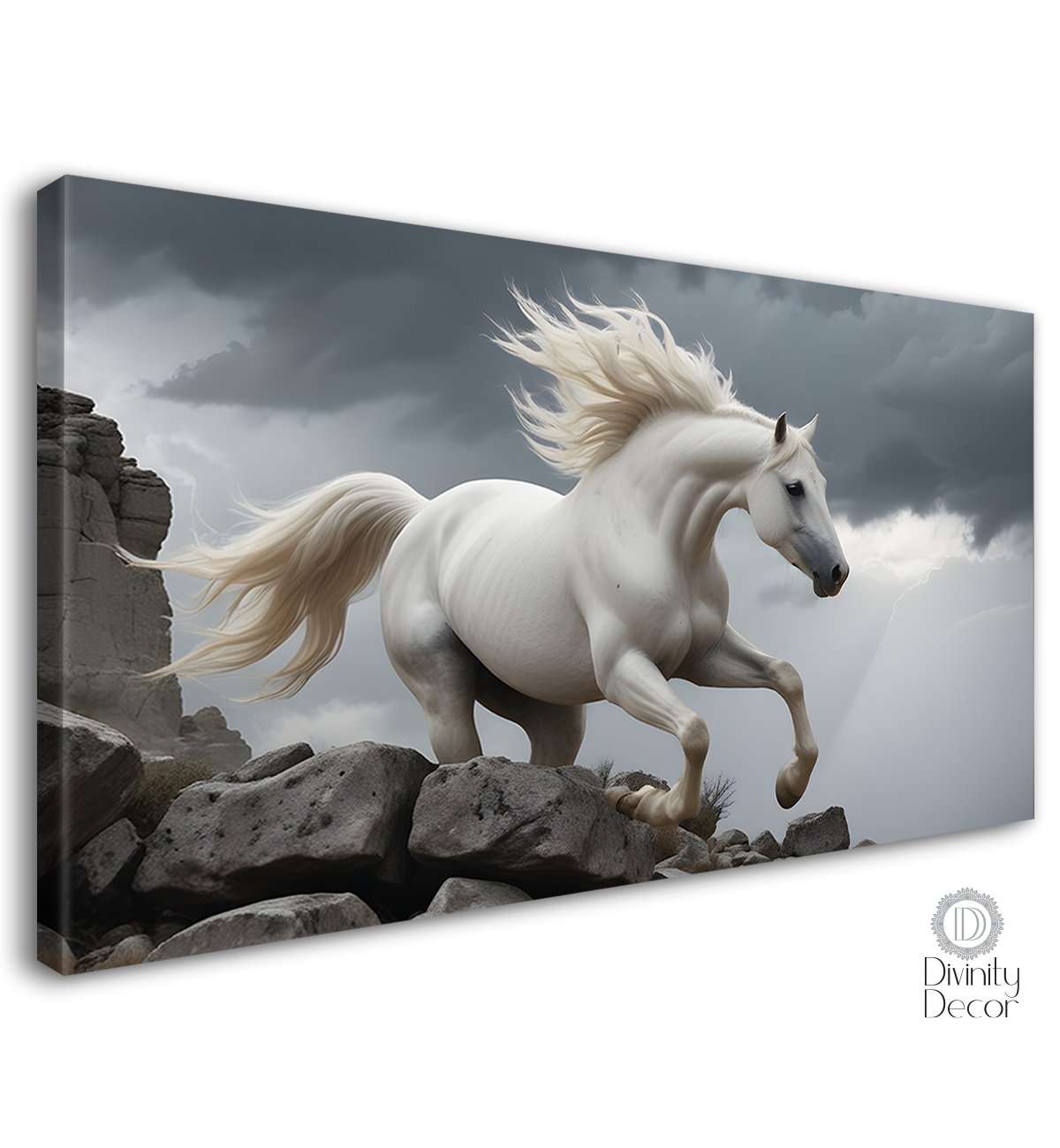 White running horse on the rocks in grey textured background art Canvas Painting - Design - Horse-115