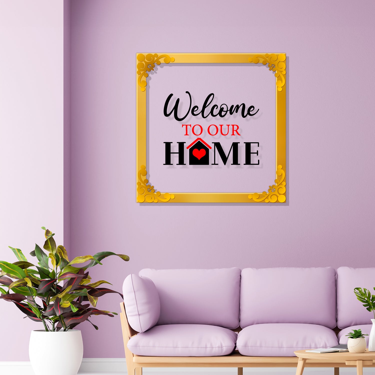 Welcome to our home Golden Plaque for Gifting, Wall Decor Clear UV print with Golden Border-115