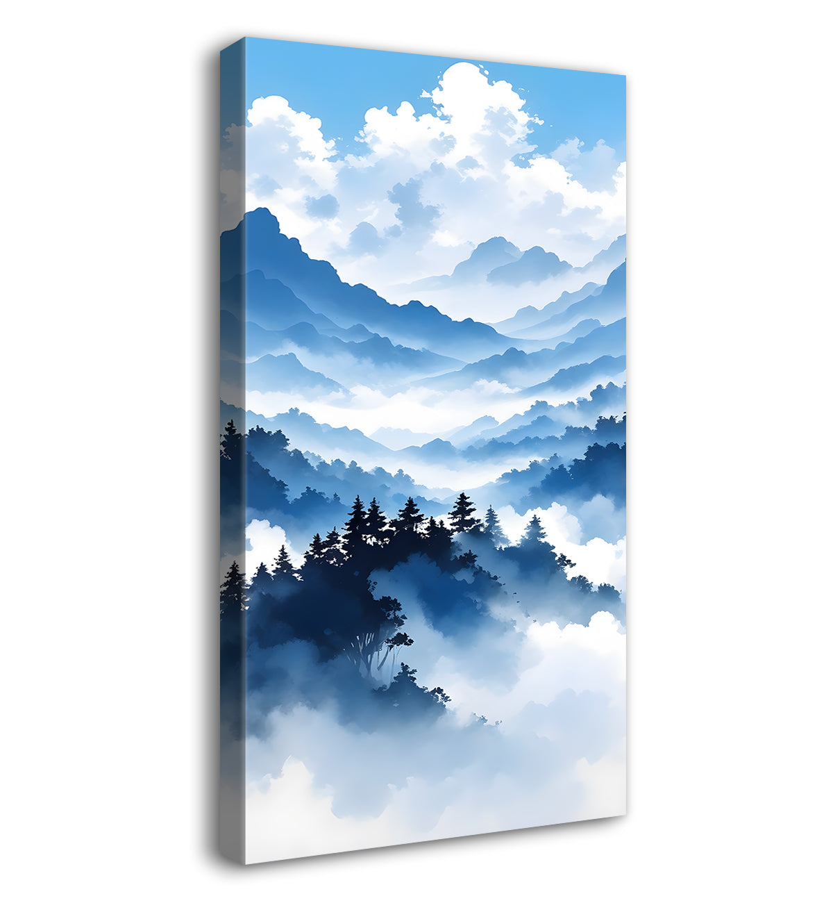 Mountains with river in cloudy sky in textured water colour painting Canvas Painting - Nature Art -V-115