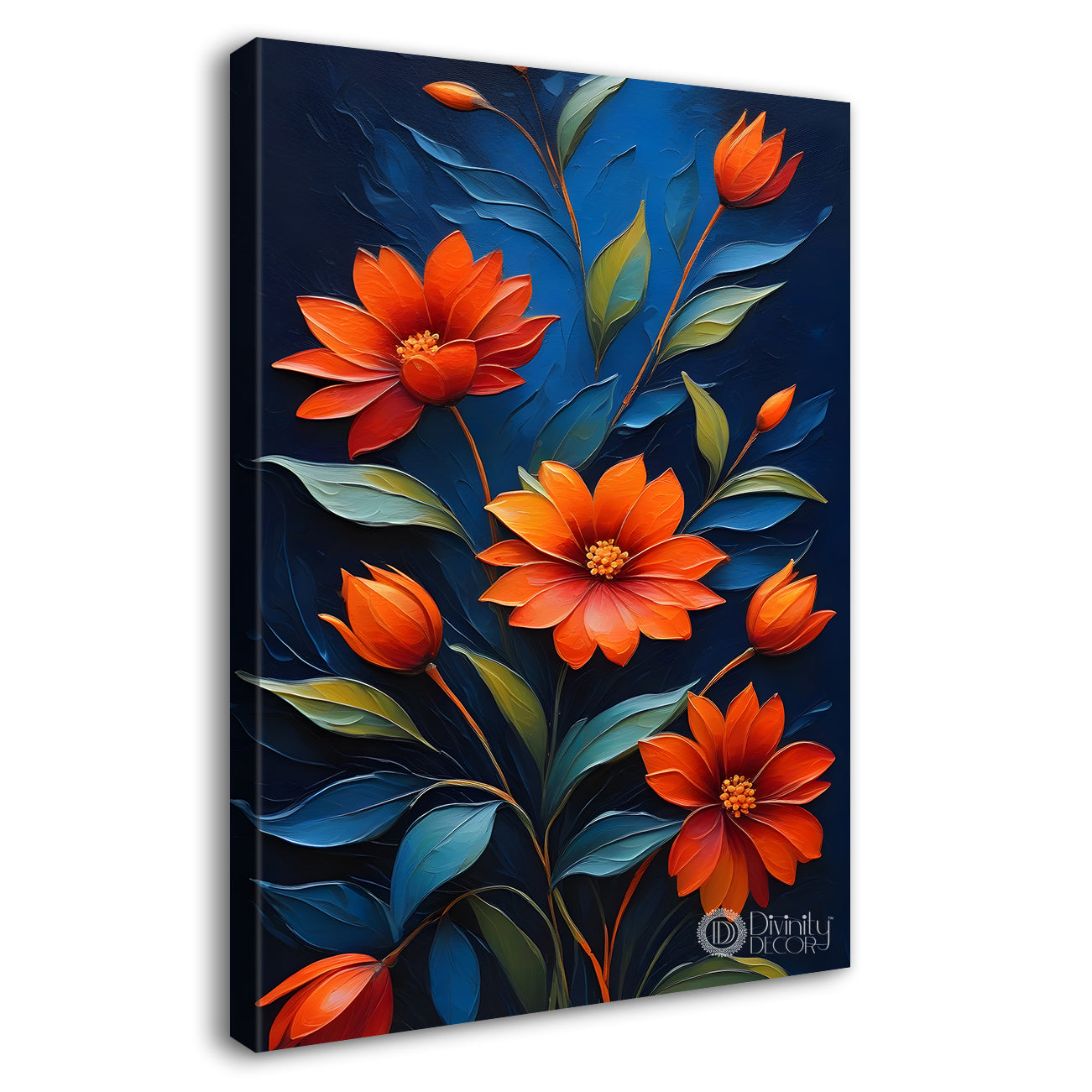 Red flower in navy blue textured background painting- Flower-V-115