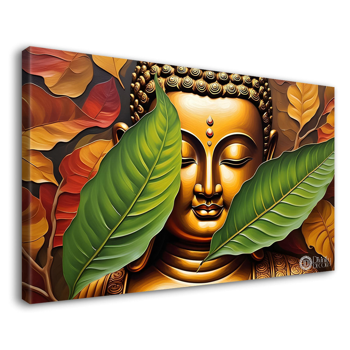 Golden buddha with leaves background textured painting Canvas Wall Painting - Buddha-115