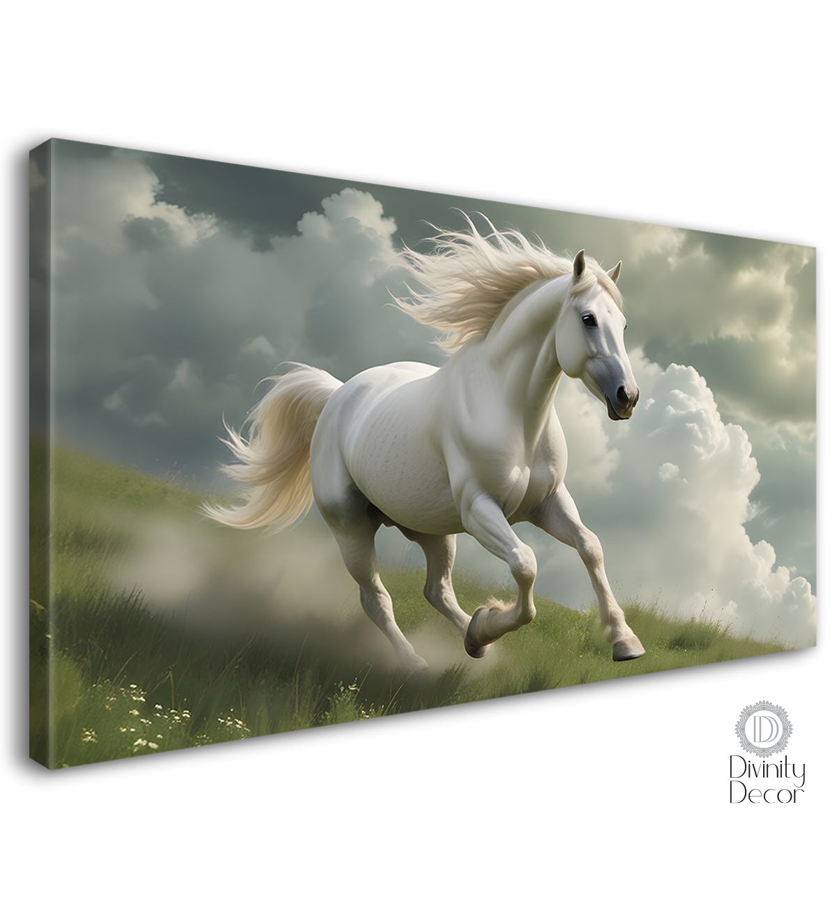 White running horse on the grass with cloudy and white textured background art Canvas Painting - Design - Horse-116