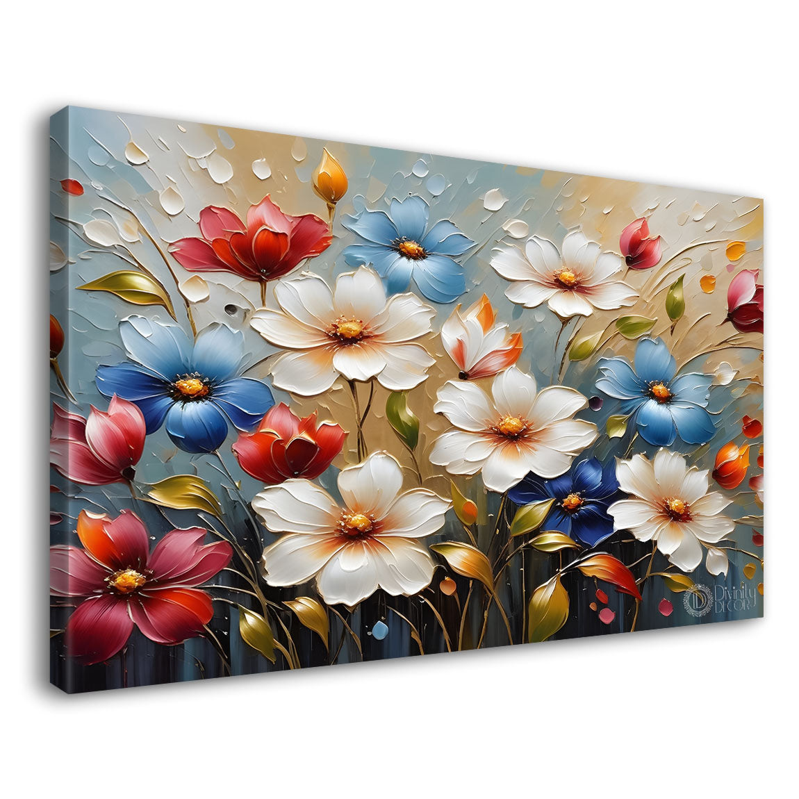 Colorful flowers with blue textured background painting- Design - Flower-116