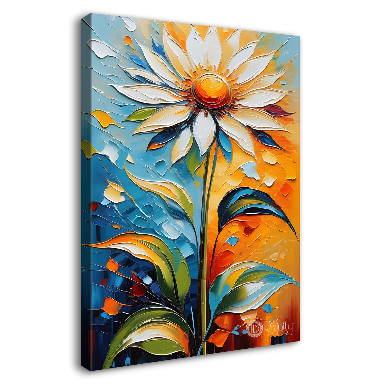White flower in colourful textured painting- Flower-V-116