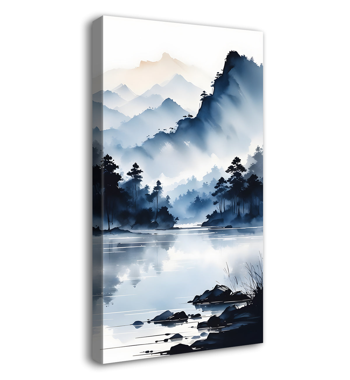Mountains with river in cloudy sky in textured water colour painting Canvas Painting - Nature Art -V-116
