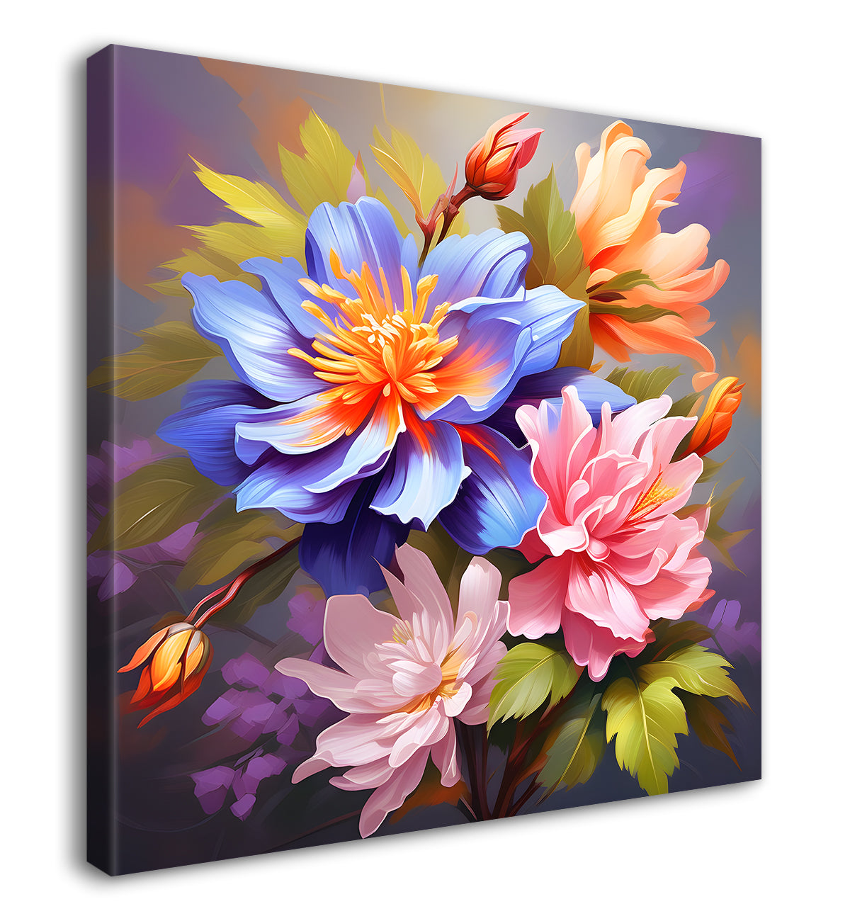 Pink and orange flowers in grey textured painting - Flower-S-116