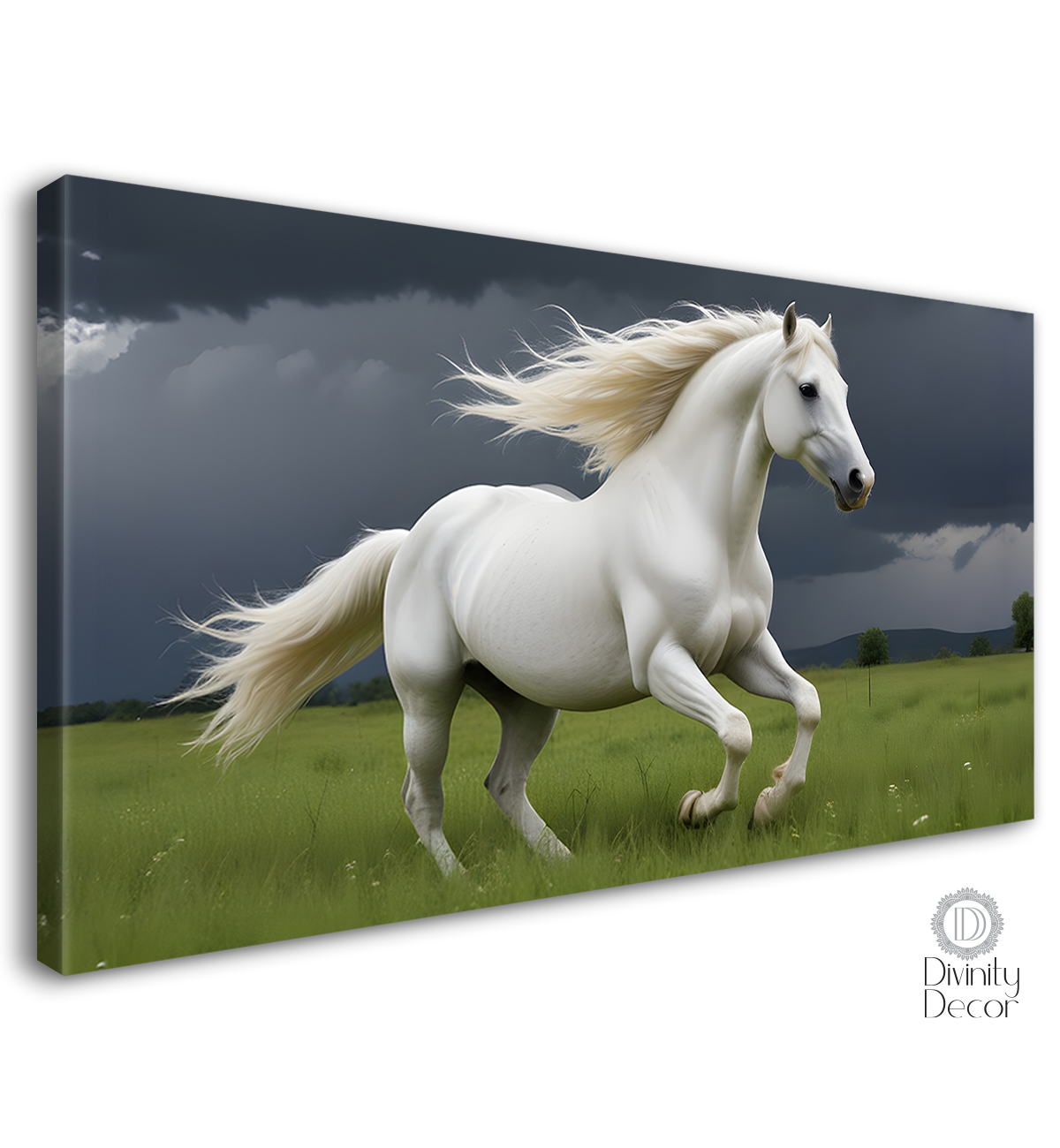 White running horse on the grass with white textured background art Canvas Painting - Design - Horse-117