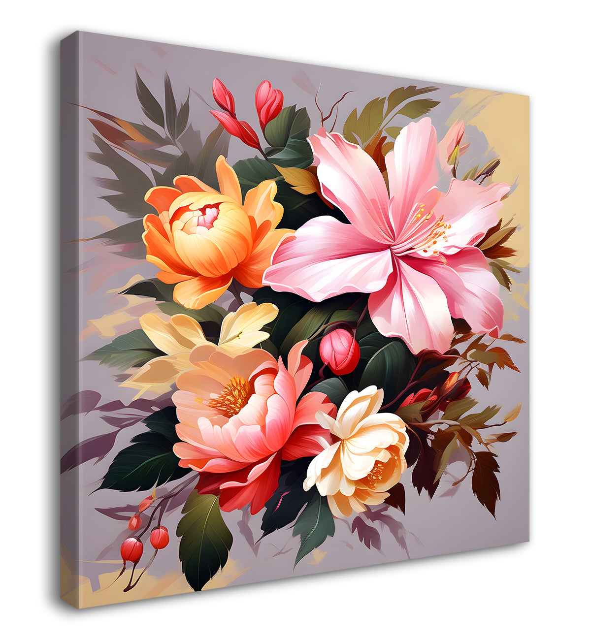 Purple and peach flowers in light background textured paitning - Flower-S-117