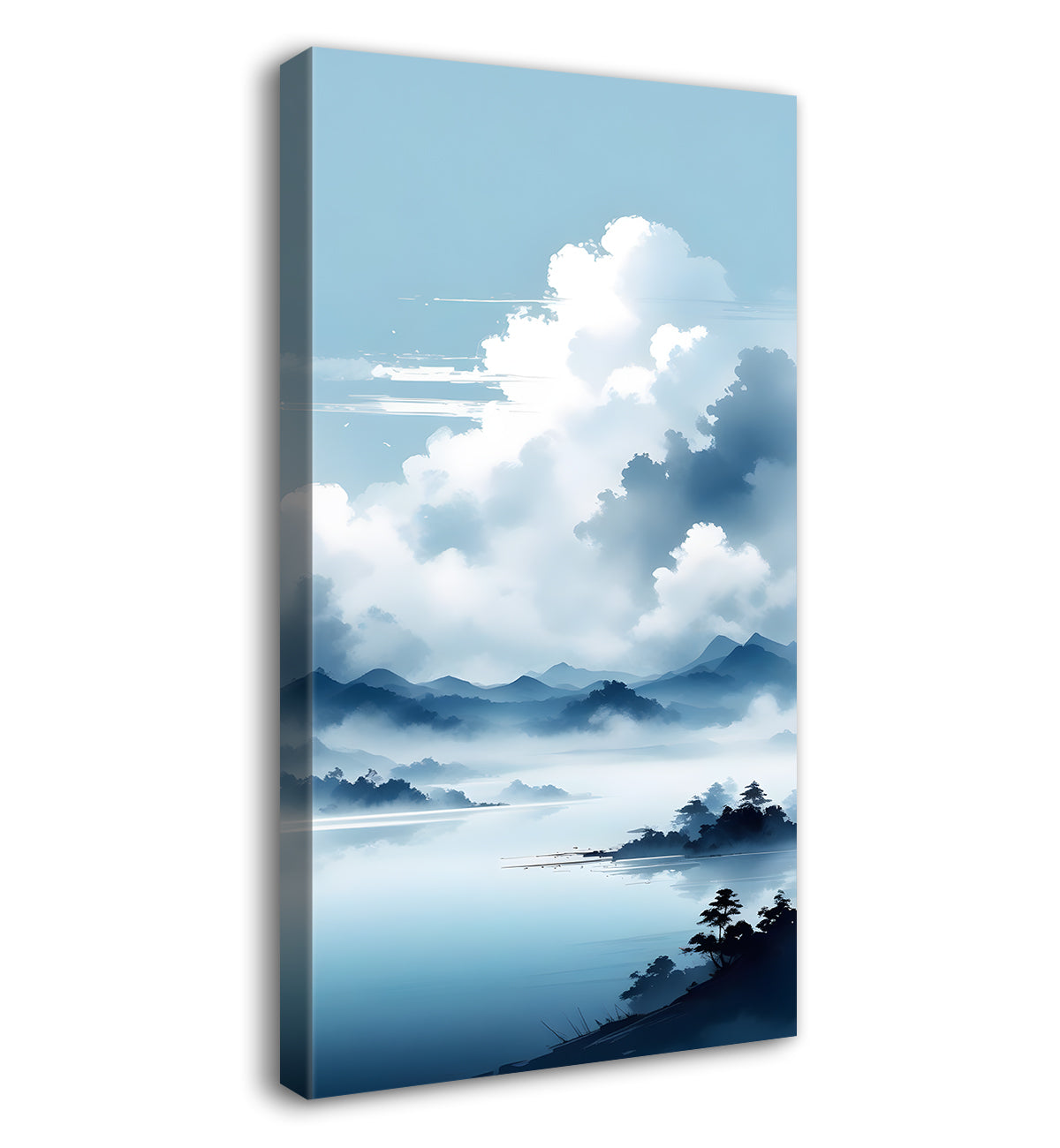 Mountains with river in cloudy sky in textured water colour painting Canvas Painting - Nature Art -V-117