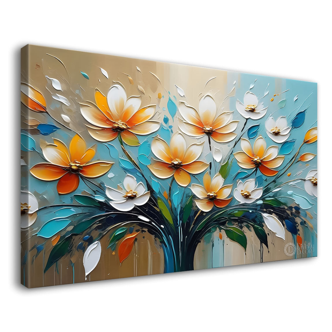 Colorful flowers with blue textured background painting- Design - Flower-117