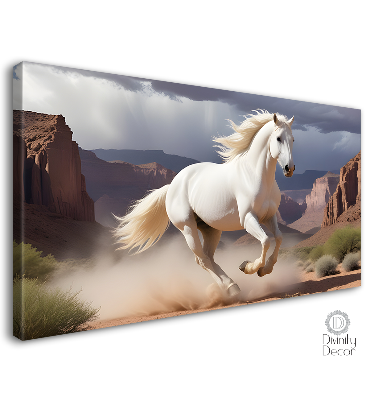 White running horse on the mountains with grey textured background art Canvas Painting - Design - Horse-118