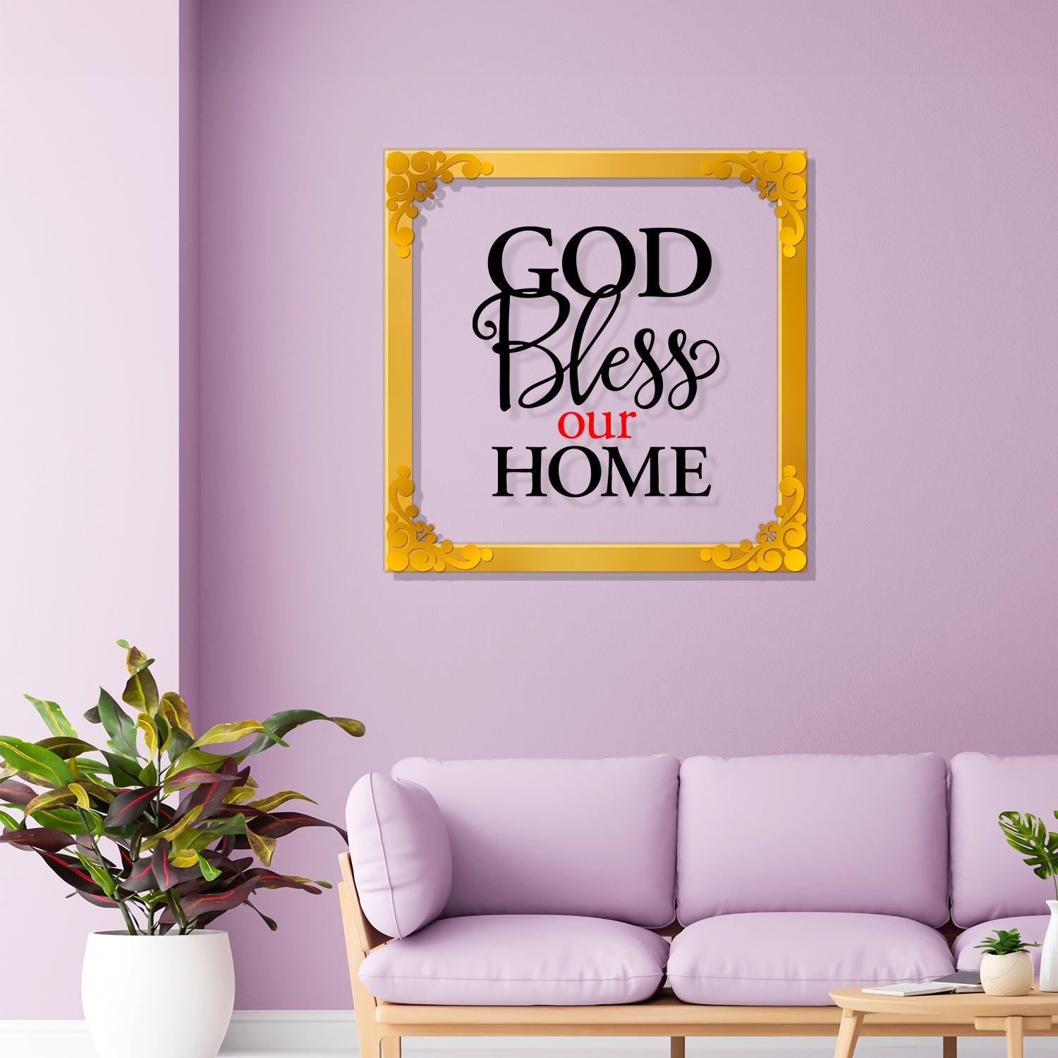 God bless our home Golden Plaque for Gifting, Wall Decor Clear UV print with Golden Border-118
