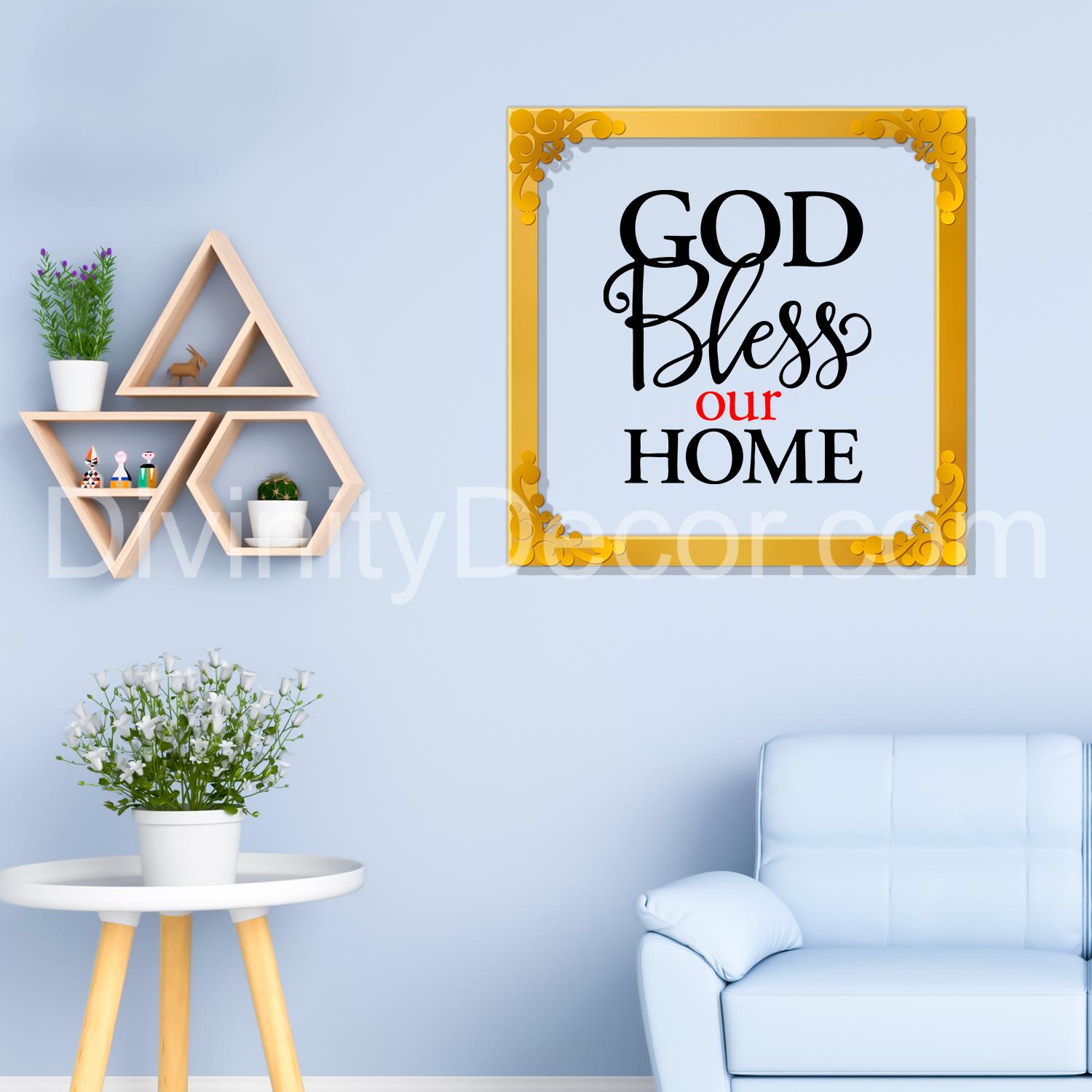 God bless our home Golden Plaque for Gifting, Wall Decor Clear UV print with Golden Border-118