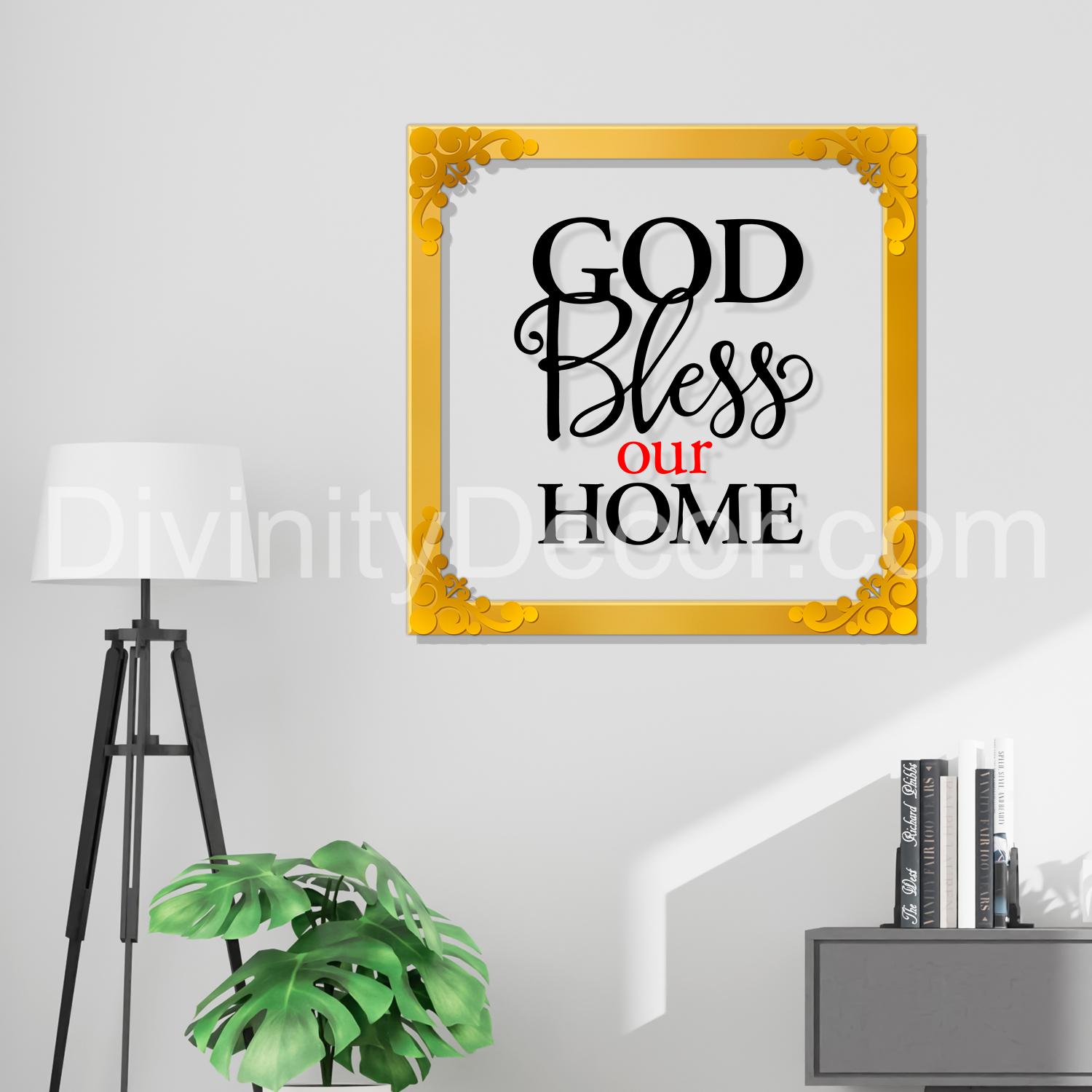 God bless our home Golden Plaque for Gifting, Wall Decor Clear UV print with Golden Border-118