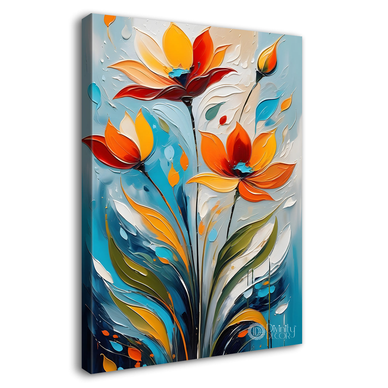 Orange flowers in blue textured painting- Flower-V-118