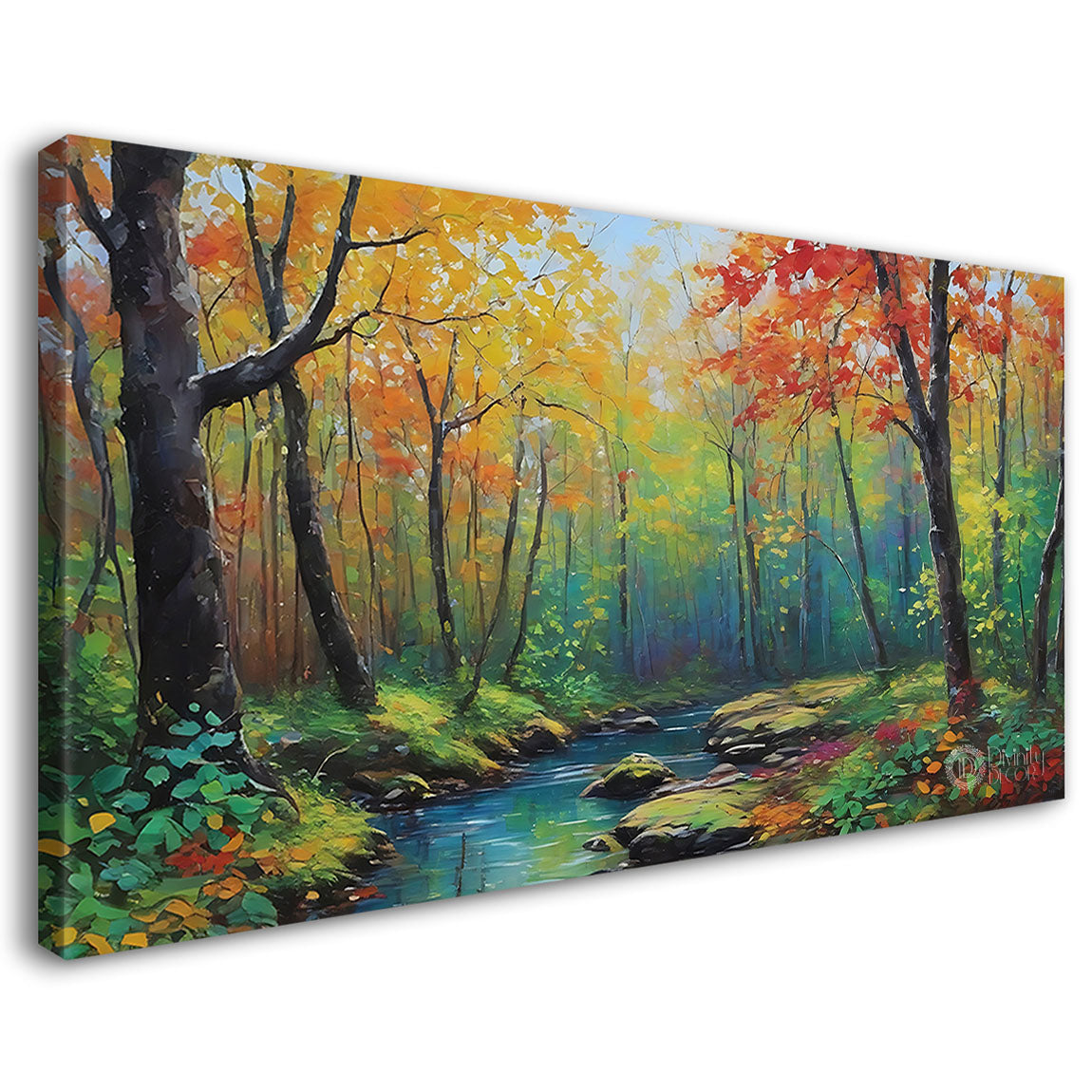 Yellow and orange trees with lake in textured painting Canvas Painting - Nature Art -118