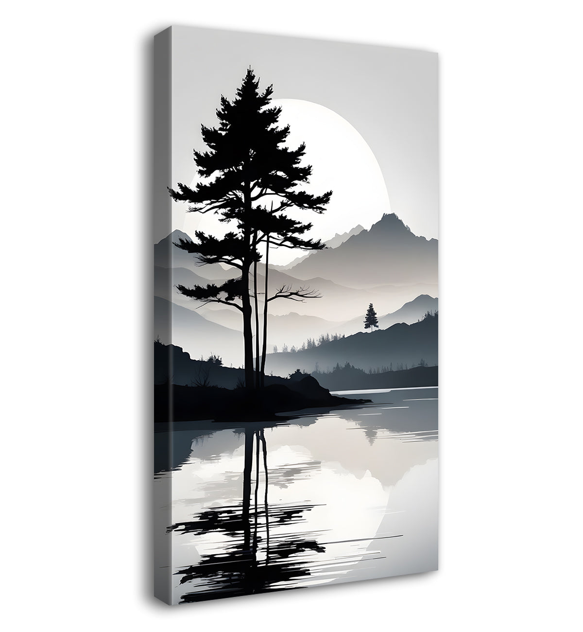 Mountains with river and trees in grey textured water colour painting Canvas Painting - Nature Art -V-118