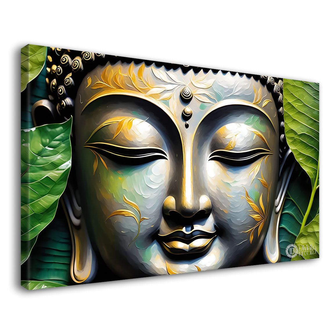Buddha with leaves background textured painting Canvas Wall Painting - Buddha-118