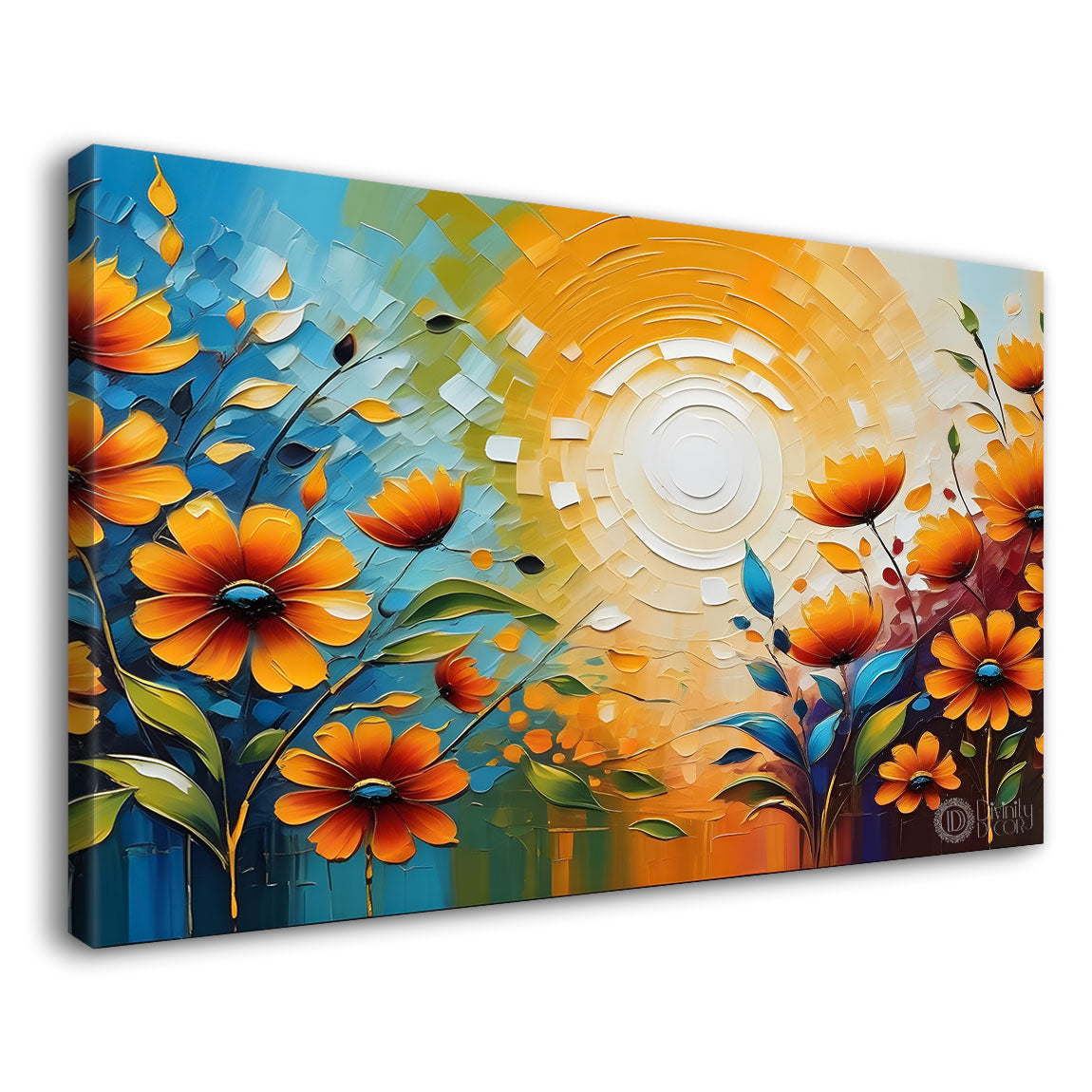 Colorful flowers with blue textured background painting- Design - Flower-118