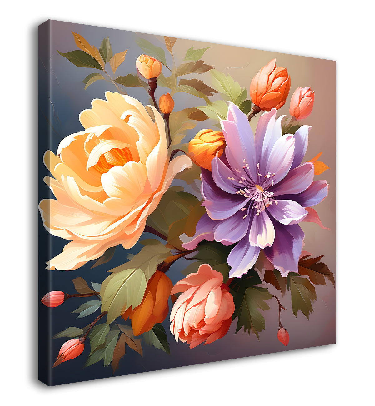 Purple and peach flowers in light background textured paitning - Flower-S-118