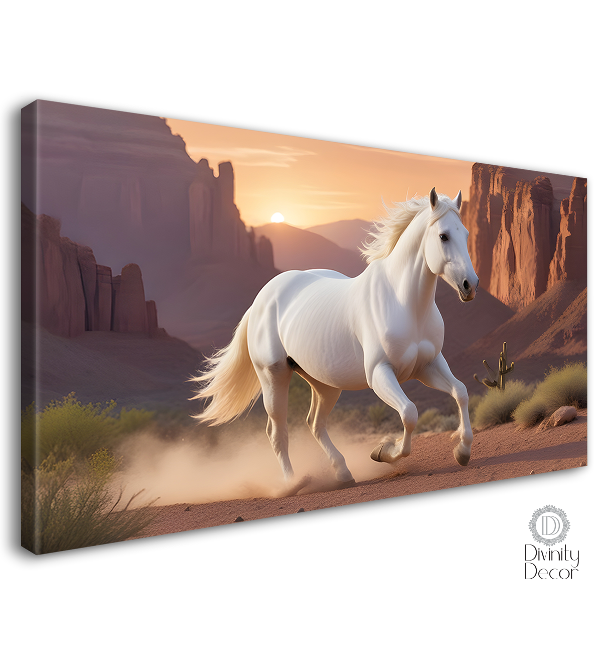 White running horse on the mountains with sunrise textured background art Canvas Painting - Design - Horse-119