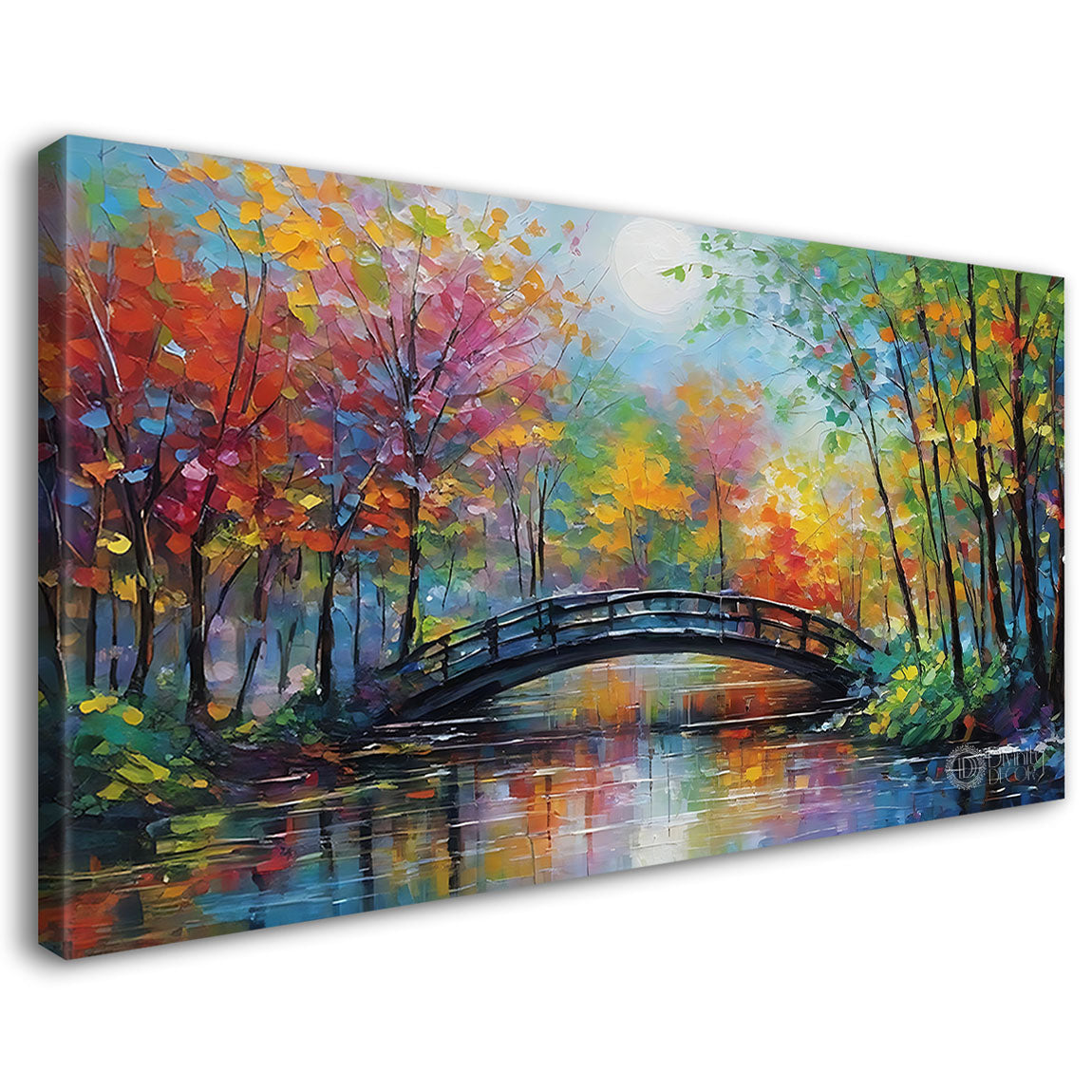 Colorful trees with bridge in textured painting Canvas Painting - Nature Art -119