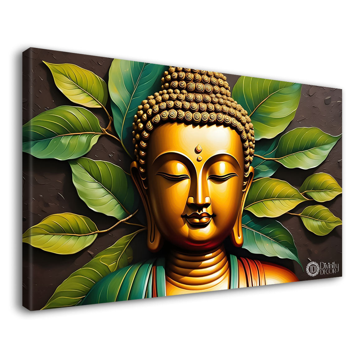 Golden with leaves background textured painting Canvas Wall Painting - Buddha-119