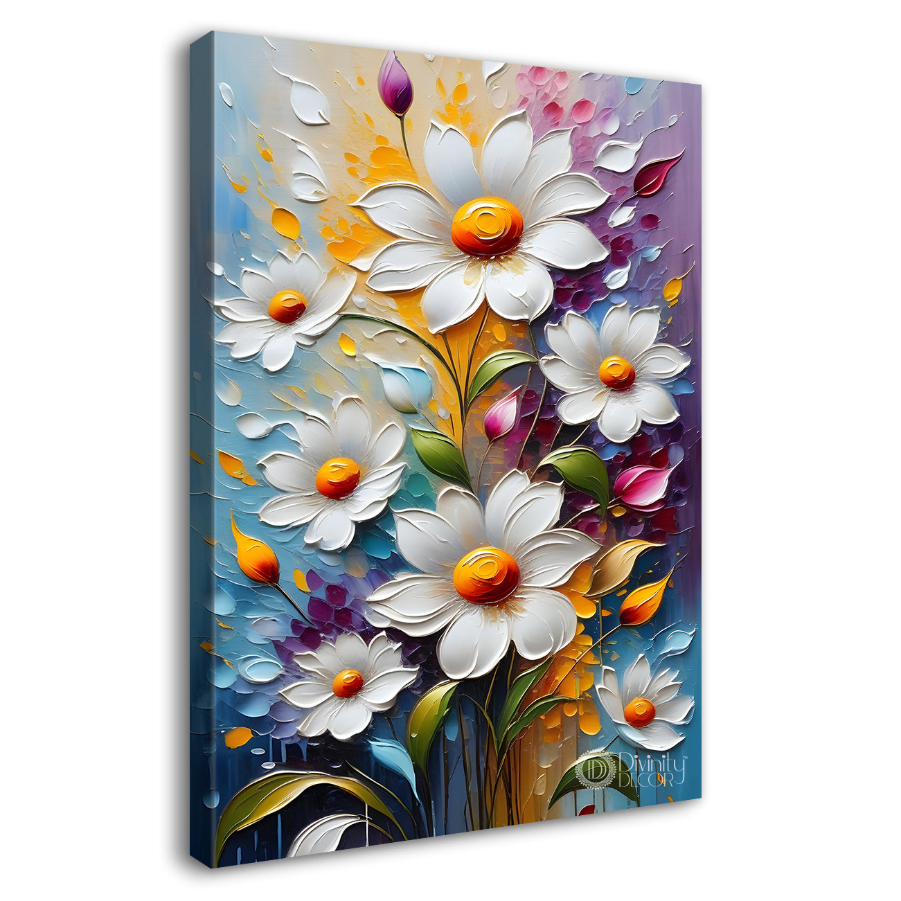 White flower in colourful textured painting- Flower-V-119